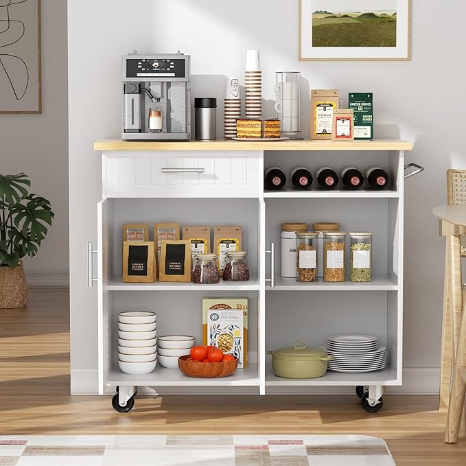 SUNLEI Kitchen Island on Wheels with Storage Cabinet & Drawer, 42" Multifunction Kitchen Cart Cabinet with Shelves, Cart Handle for Towel Rack or Free Mobility, Portable Islands for Kitchen(White)