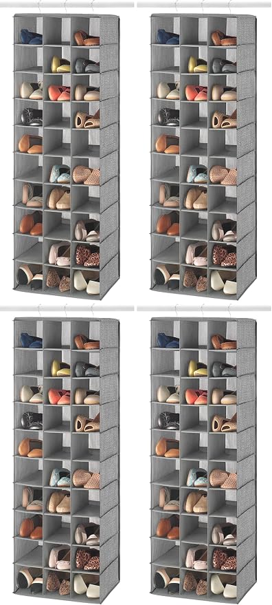 Whitmor 30 Sections Hanging Clothes Closet Organizer, Space Saving Breathable Fabric Shoe Storage for Bedroom, Laundry, Dorm, Crosshatch Gray (Pack of 4)