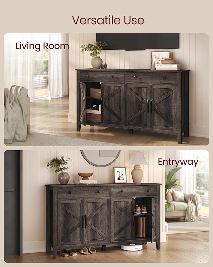 VASAGLE LIRY Collection - Buffet Cabinet, Coffee Bar Cabinet with 2 Drawers, Adjustable Shelves, Sideboard Storage with Cable Holes, Drawer Dividers, Taupe Brown UBBK381TA01S