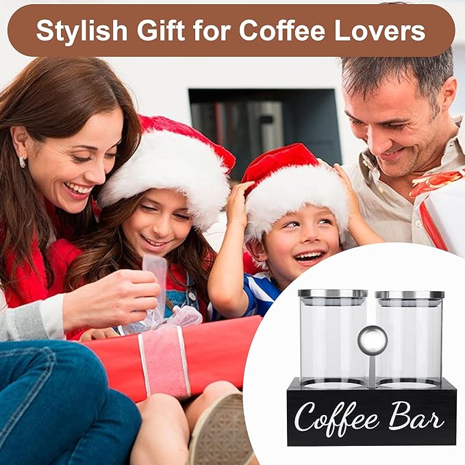 Airtight Coffee Bean Container Set - 2×50oz Glass Coffee Canisters with Scoop & Shelf, Clear Ground Coffee Storage Jars with Lids for Coffee Bar, Sugar, Tea, Nuts & Kitchen Countertop