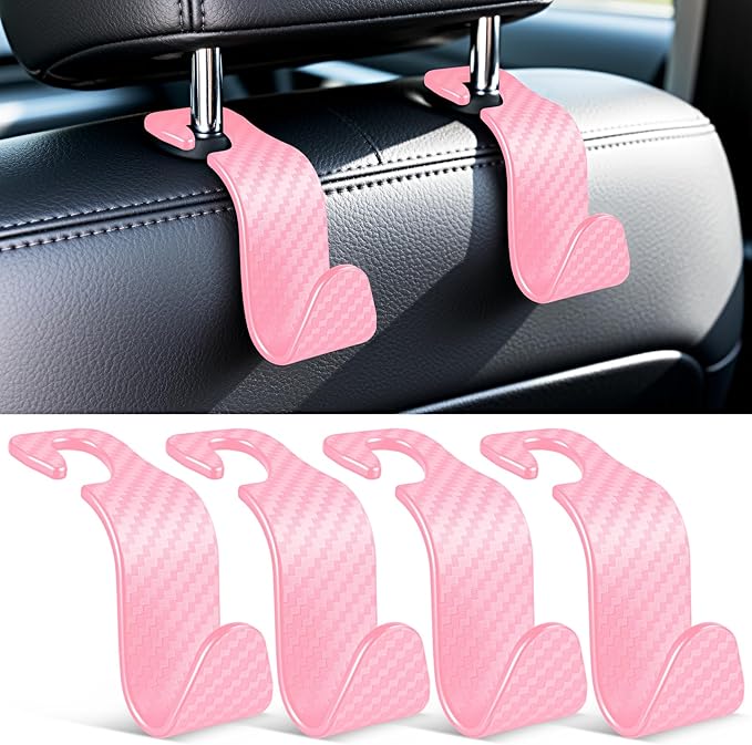 SINGARO Universal 4 Pack Car Seat Headrest Purse Hook, Carbon Fiber Back Seat Hook Storage Organizer Hanger for Purse Handbag Coat, Car Interior Accessories(Pink)