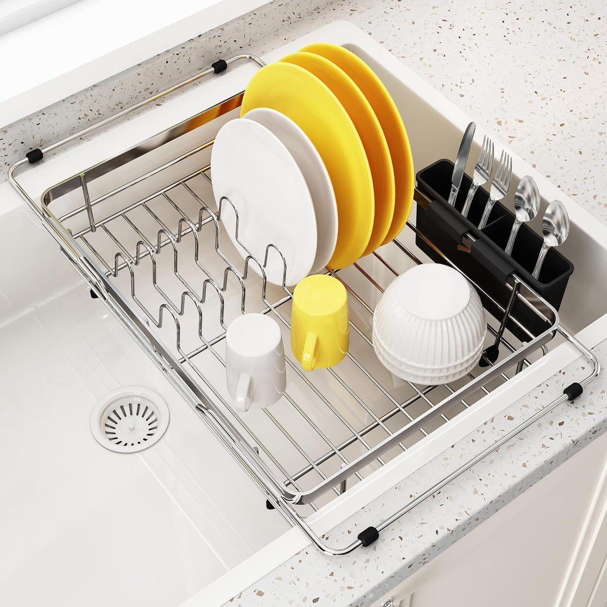 JASIWAY Dish Drying Rack in Sink, Expandable Stainless Steel Dish Drainers for Kitchen Counter, Dish Dryer Rack for Inside Sink, Over The Sink Dish Racks with Utensil Holder, Silver