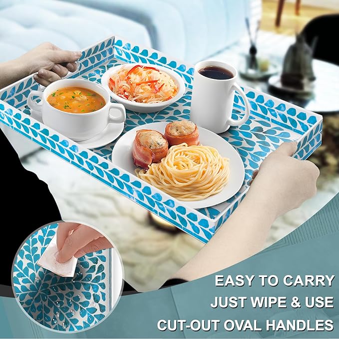 MAONAME Blue Decorative Tray, Plastic Serving Tray with Handles, Leaf Pattern Sticker Trays, Rectangular Trays for Living Room, 15.7" X 10.2" X 1.57"