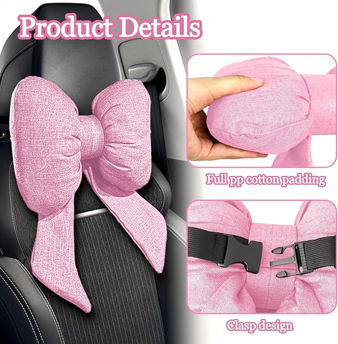 wuyaoyao Bow Car Headrest Pillow, Cute Bow Shape Car Neck Pillow, Soft Comfortable Automotive Seat Headrest Pillows for Driver, Universal Vehicle Neck Support Cushion for Sleeping Travel(Pink)