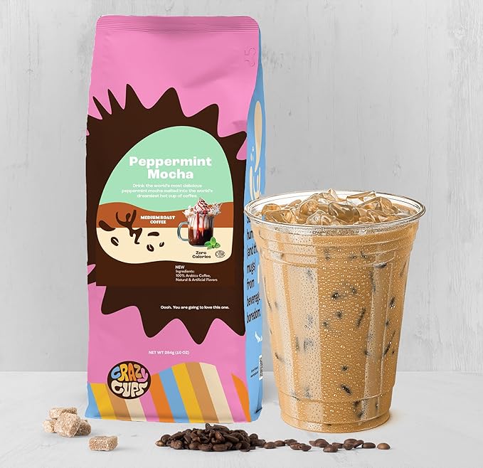 Crazy Cups Flavored Ground Peppermint Coffee, Peppermint Mocha, in 10 oz Bag, For Brewing Flavored Hot or Iced Coffee