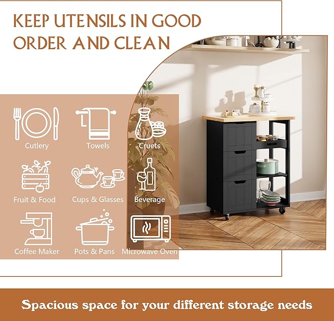 SUNLEI Kitchen Island with Storage Cart Rolling Coffee Small Butcher Block Table Microwave with 3 Drawers on Wheels Station Portable Mobile Narrow Moveable Utility Counter Wood Top Spaces Bar Food