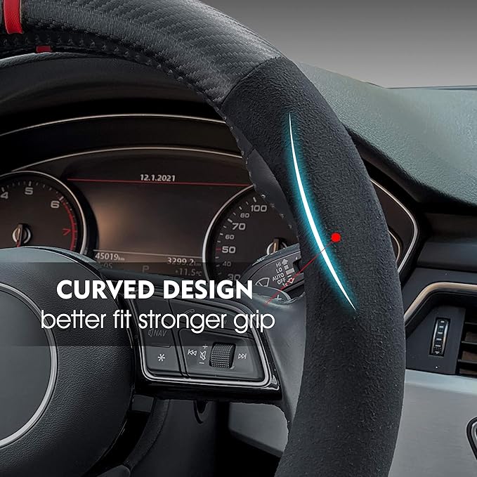 Carodi Suede Carbon Fiber Steering Wheel Cover，Non-Slip Leather Car Interior Fitting 15-inch Universal（D-Shape,Black Suede with Carbon Fiber）