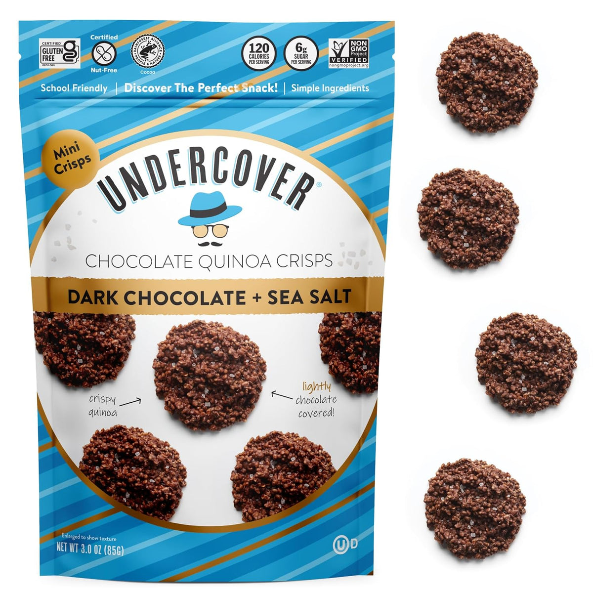 Undercover Snacks Chocolate Quinoa Crisps - Dark Chocolate + Sea Salt Quinoa Crisps | 7-Pack, 3oz Bags of Mini Crisps | Gluten Free, Nut-Free, Allergen Friendly, Kosher, Plant-Based