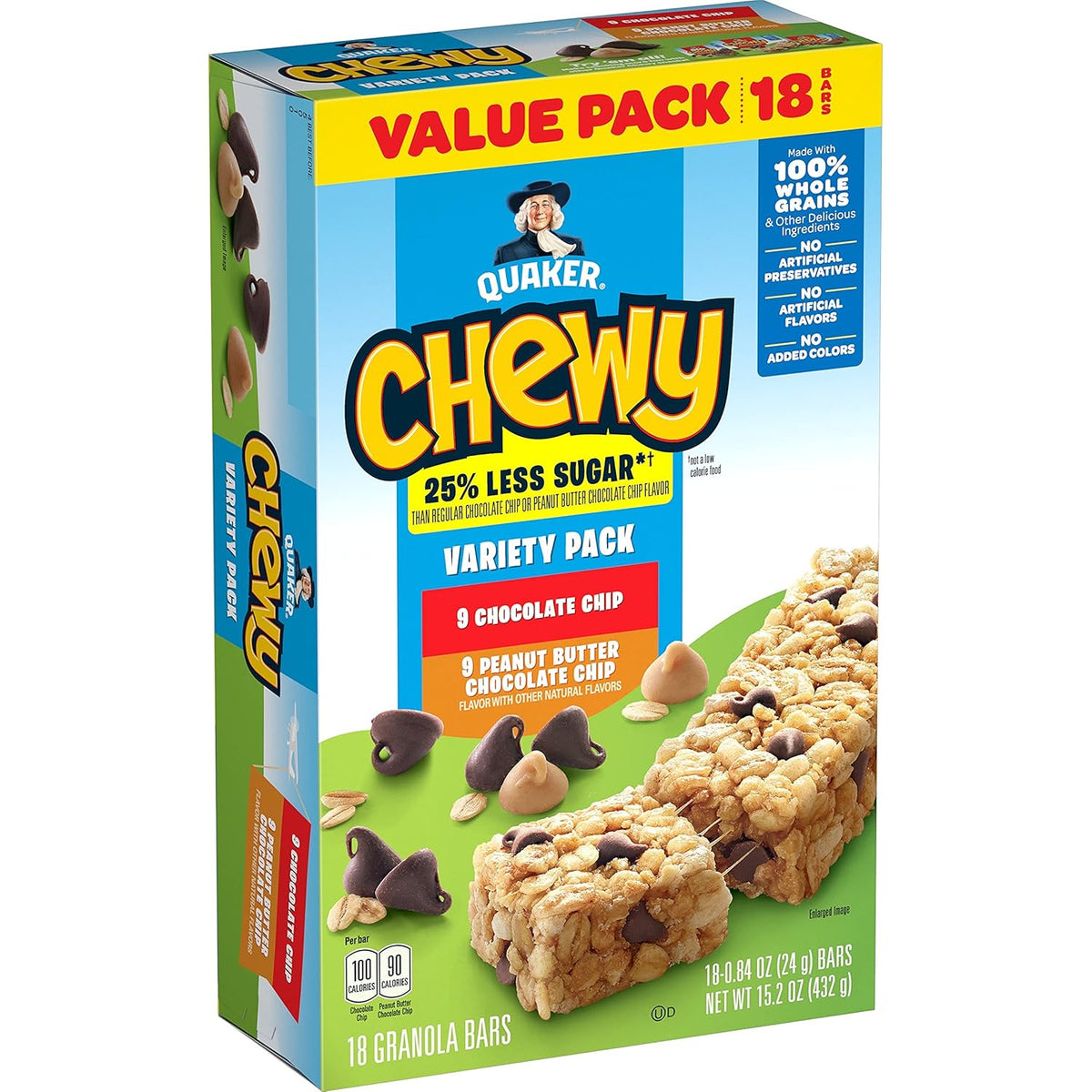 Quaker Chewy Granola Bars, 25% Less Sugar, 2 Flavor Variety Pack, (18 Pack)