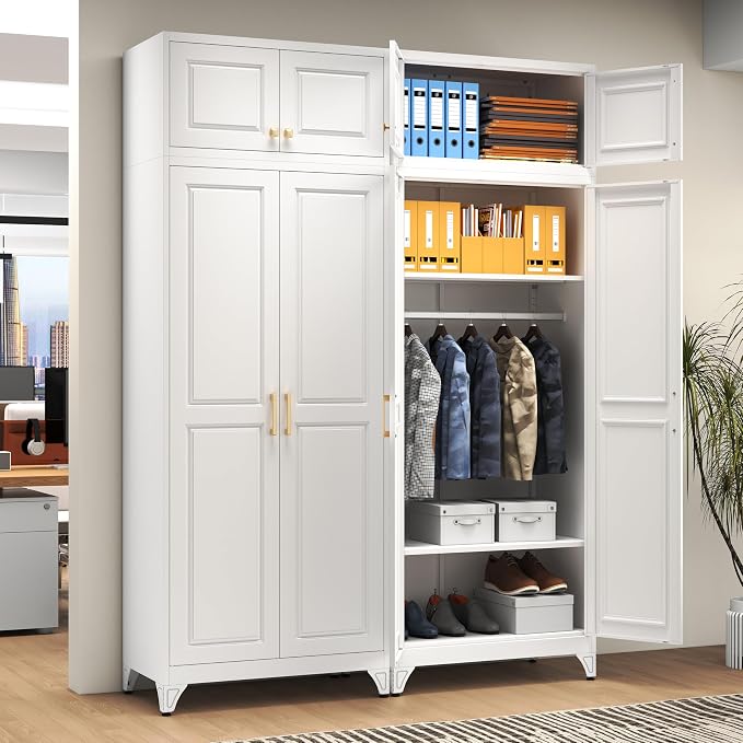 Polup Metal Armoire Closet, 86 Inch Tall Wardrobe Armoire with Hanging Rod, Almirah for Clothes with Doors, 18" D x 32" W x 86" H, White, Assemble Required, Shipped in Two Packages