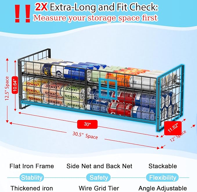 2-Pack Stackable Can Organizer for Pantry Shelf, Adjustable Extra-Long Rolling Can Rack for Kitchen Cupboard Storage, Sturdy Standing Can Holder for Canned Food Goods Soda up to 100, 2 Tier, Black