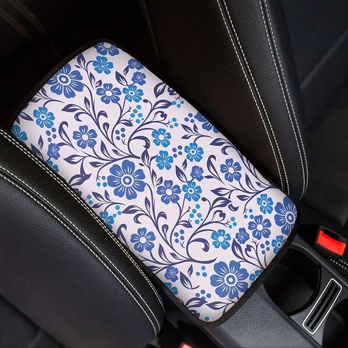 Blue Flower Car Center Console Armrest Pad Cushion Daisy Floral Cars Accessories Breathable Soft Car Center Console Cover Seat Box Cover for Sedan, Van, SUV, Trucks