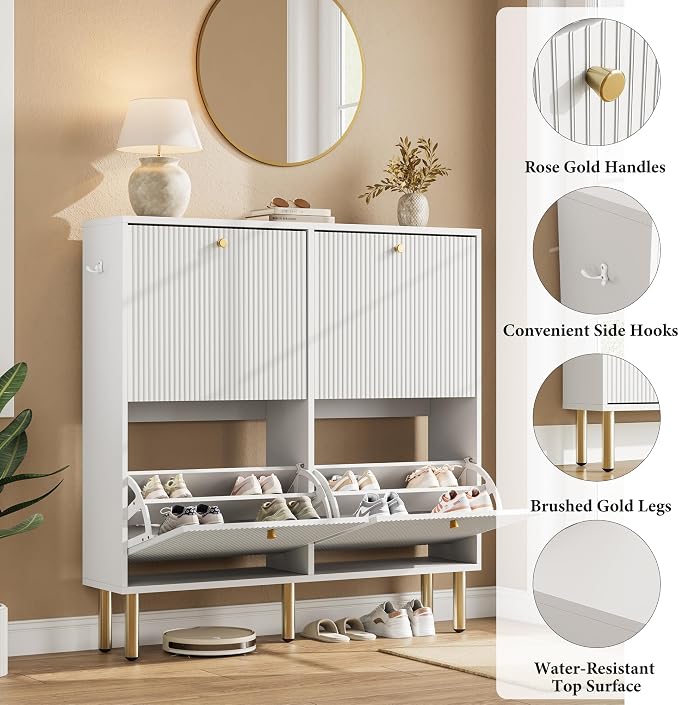 Nicetree Shoe Storage Cabinet for Entryway - 4 Flip Drawers Shoe Cabinet with Tiered Fluted Design - Slim Shoe Storage Rack with Gold Legs - Narrow Shoe Cabinet Hidden Shoe Organizer for Small Spaces