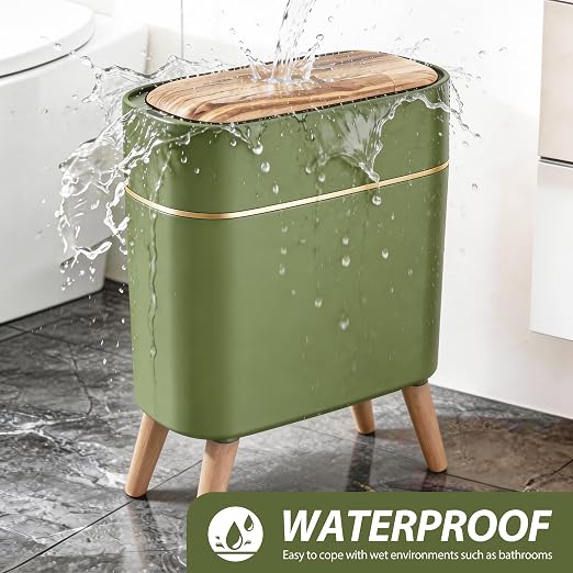 suyika Automatic Trash Can, 2.6 Gallon/10L Bathroom Trash Can with Lid - Wood Grain Lid and Legs, Touchless Waterproof Garbage Bin for Bedroom, Bathroom, Office, Living Room