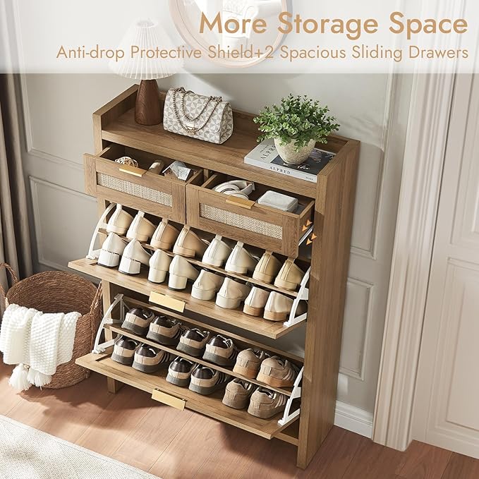HOKYHOKY Rattan Shoe Storage Cabinet with 2 Drawers & 2 Flip Drawers – Hidden Slim Shoe Organizer for Entryway, Large Tabletop Space, Farmhouse Boho Narrow Shoe Rack, Rustic Oak