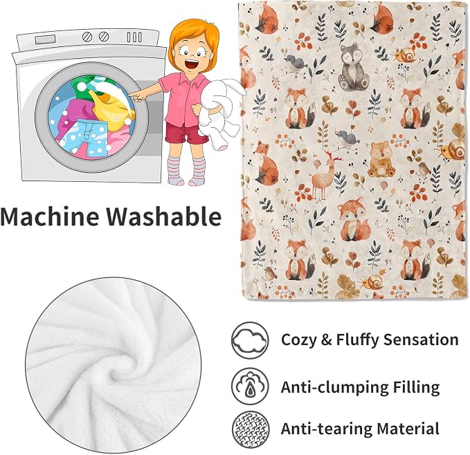Cute Woodland Animal Blanket,Cartoon Fox, Owl, and Deer Throw Blankets,Gifts for Kids & Animal Lovers,Lightweight Soft Fleece,for Picnic Sofa Couch Bed Room Travel,Birthday Decor,50x60in
