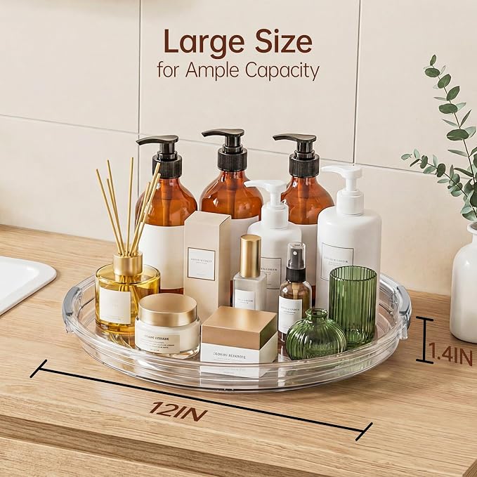 LAMU 12 Inch Lazy Susan Turntable, 360° Rotating Organizer Storage for Cabinet & Table Top, Pantry, Fridge, Bathroom, 2 Pack Clear Spice Rack, Kitchen Storage Tray for Medicine & Countertop