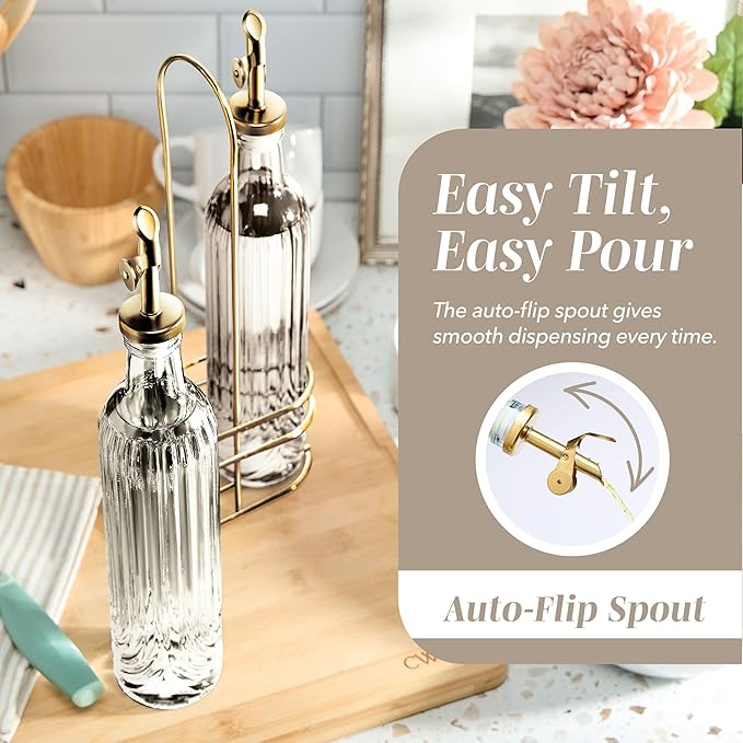 COOK WITH COLOR Glass Olive Oil Bottle Dispenser - 2 Pack- 17oz Oil and Vinegar Cruet - Olive Oil Carafe Decanter for Kitchen, Elegant Fluted, Brown