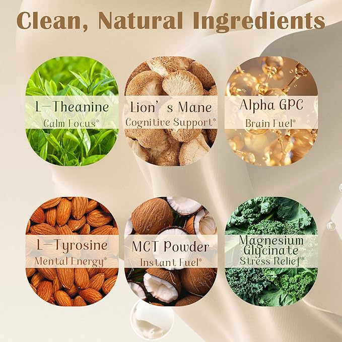 Mushroom Coconut Coffee Creamer, Nootropic Creamer Powder | Lion's Mane, Alpha GPC, Magnesium Glycinate, L-tyrosine, L-Theanine and MCT Powder | Brain, Focus | Keto & Vegan, 6.35 Oz