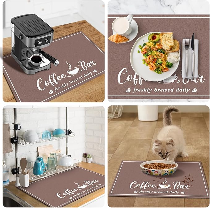 Absorbent Coffee Mat, Fashion Dish Drying Mat for Kitchen Counter Coffee Bar Accessories Espresso Machine Dish Rack 12" x 20" Brown