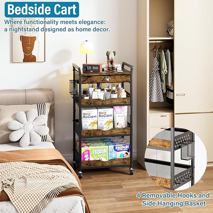 Rolling Cart Organizer with Removable Drawer, 4-Tier Art and Craft Storage Cart, Nail Makeup Organizer, Metal Utility Cart with Wheels for Kitchen Bathroom Essentials, Coffee Supplies, Snack