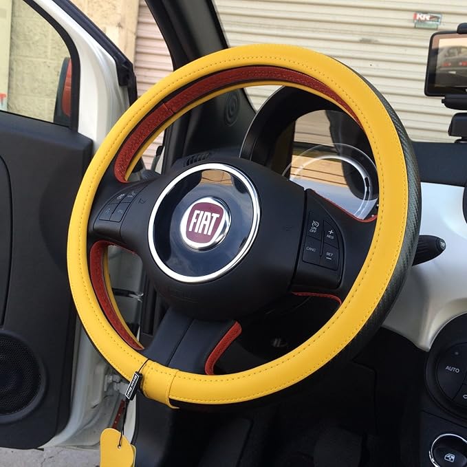 Jdragon Yellow & Carbon Fiber Style PVC Leather Slip-On Steering Wheel Cover 14.25-15" Diameter