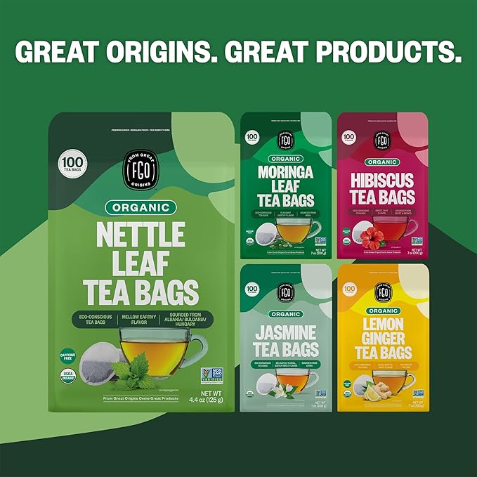 FGO Organic Nettle Leaf Tea, 100 Count, Eco-Conscious Tea Bags, Caffeine Free, Resealable Bag, Packaging May Vary (Pack of 1)
