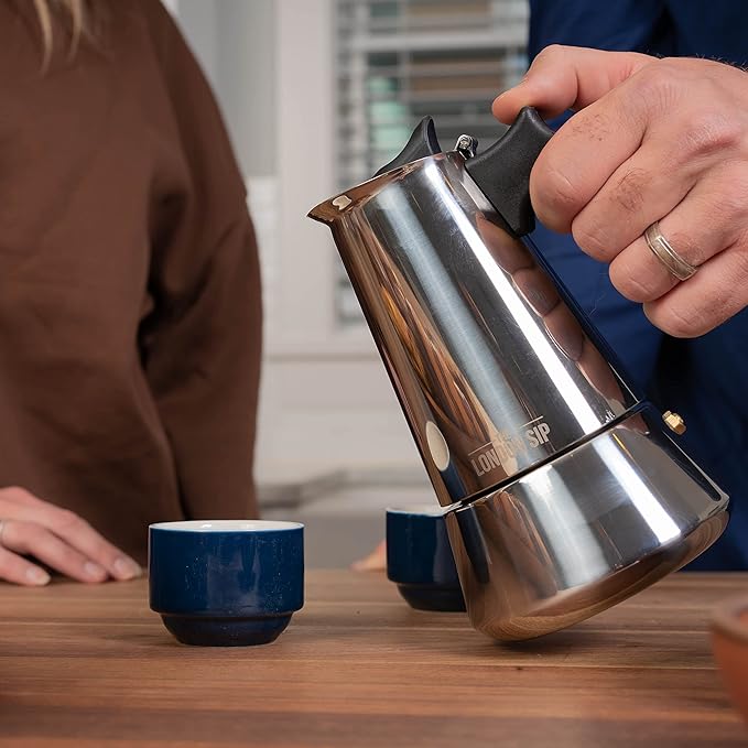 London Sip Stainless Steel Stovetop Espresso Maker Moka Pot Italian Coffee Percolator, Silver, 6 Espresso Cups