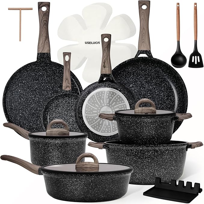 USELUCK Pots and Pans Set Nonstick 22 Pcs, Ceramic cookware set Non-Toxic Coating Inky Granite Kitchen Cookware Set, Induction Kitchen Cooking Set w/Frying Pans & Glass Lids, PFOS & PFOA Free