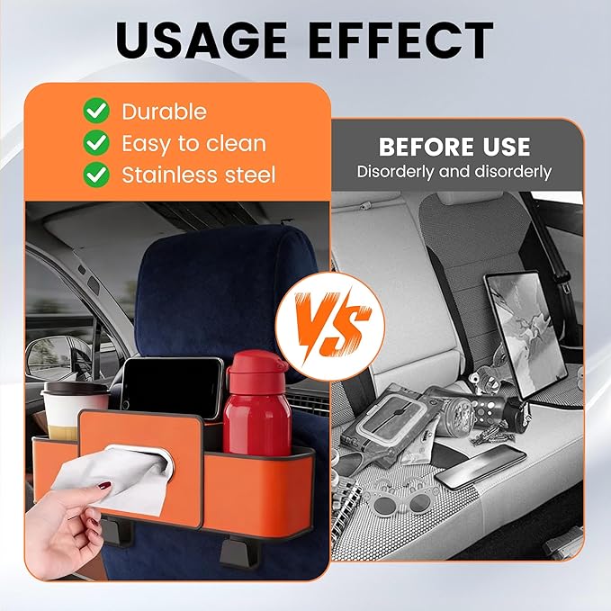 Car Seat Back Storage Box, 2026 New 3-in-1 Multifunctional Car Back Seat Organizer with Cup Holder, Tissue Box, Trash Bin & Hooks for Hold Phones, Snacks, Drinks, Handbags (Orange)