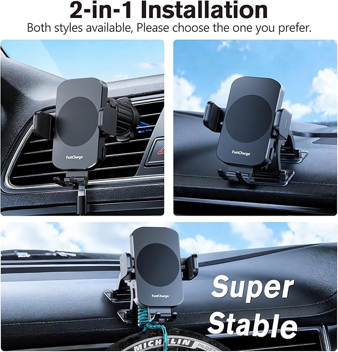 2026【80+LBS Safest Strongest】 Upgrade Car Phone Holder Mount, 360° Rotation Wireless Car Charger with Metal Hook Clip & Strongest Suction for Dashboard Windshield Vent for iPhone 17 16 Samsung