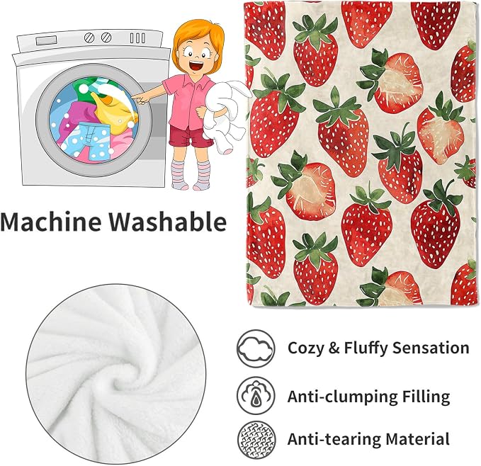 Strawberry Blanket,Sweet Juicy Red Fruit Throw Blankets,Gifts for Kids & Foodies & Summer Lovers,Lightweight Soft Fleece,for Picnic Sofa Couch Bed Room Travel,Birthday Decor,50x60in