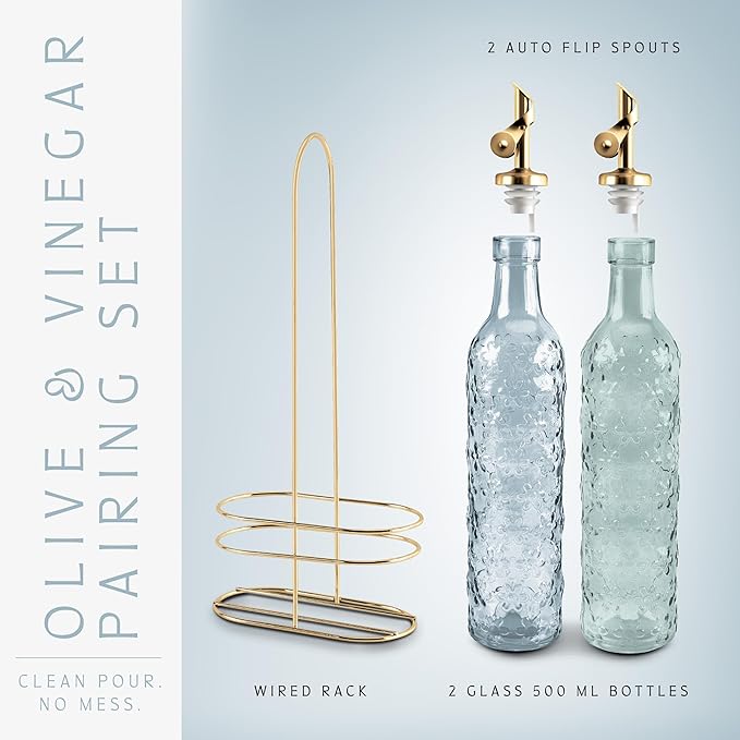 COOK WITH COLOR Glass Olive Oil Bottle Dispenser - 2 Pack- 17oz Oil and Vinegar Cruet - Olive Oil Carafe Decanter for Kitchen, Floral, Blue
