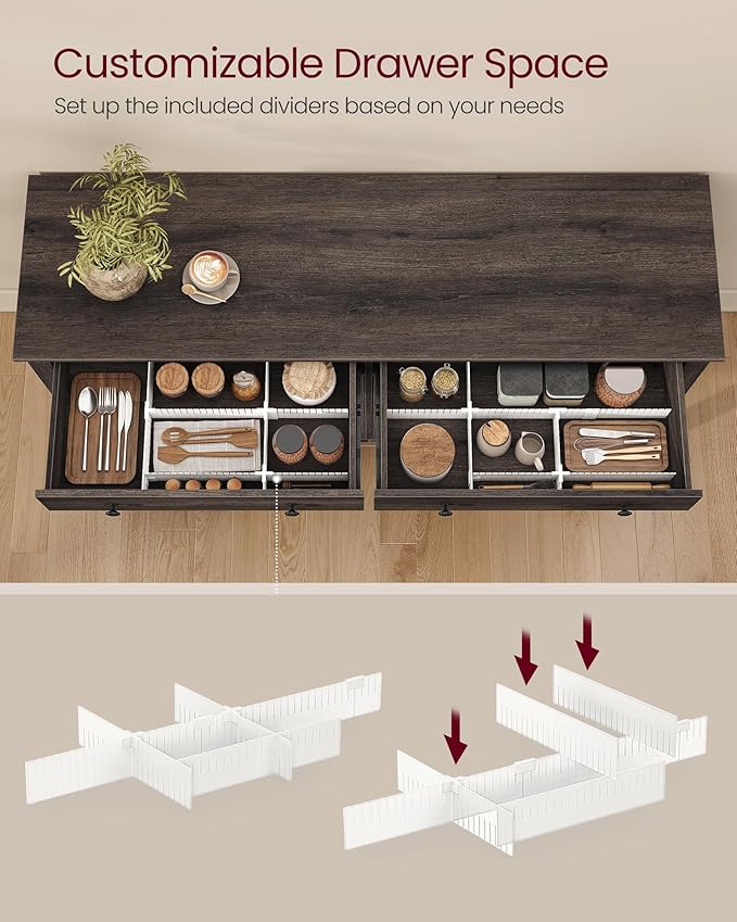 VASAGLE LIRY Collection - Buffet Cabinet, Coffee Bar Cabinet with 2 Drawers, Adjustable Shelves, Sideboard Storage with Cable Holes, Drawer Dividers, Taupe Brown UBBK381TA01S