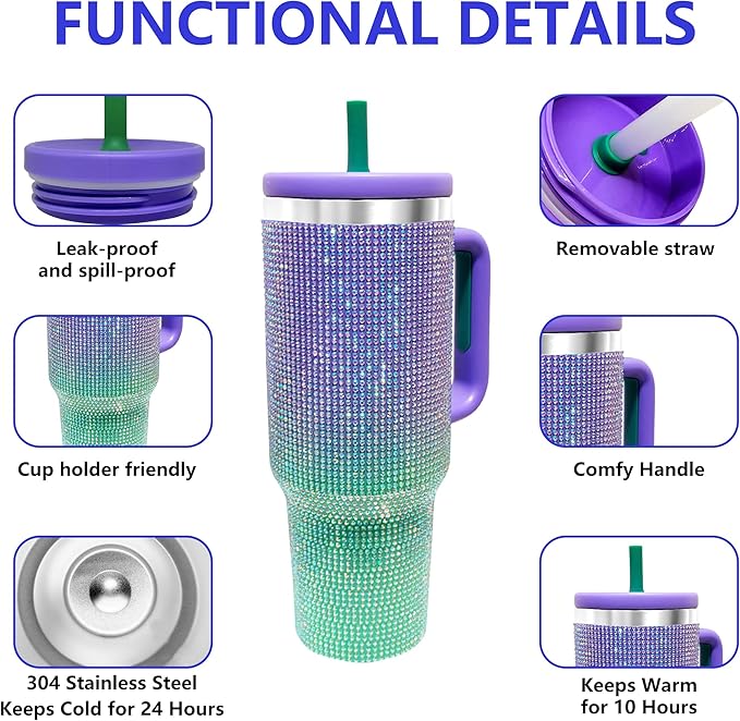40-OZ Insulated Water Bottle,Insulated Stainless Steel Tumbler,Reusable Cold Drink Thermos,BPA-Free, Double-Wall Stainless Steel Water Bottle (Purple Green Gradient-Diamond, 40, Fluid Ounces)