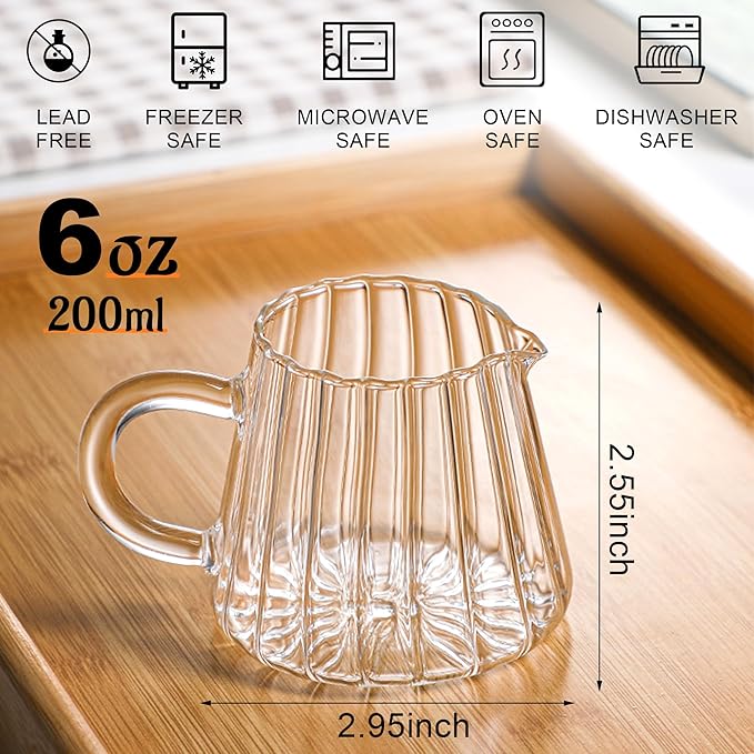 Loscarol 2 Pcs Small Glass Pitcher - Elegant Wave Shaped Creamer Pitcher for Coffee, Milk, Tea, 6 oz Milk Frothing Cup Creamer Jug for Kitchen