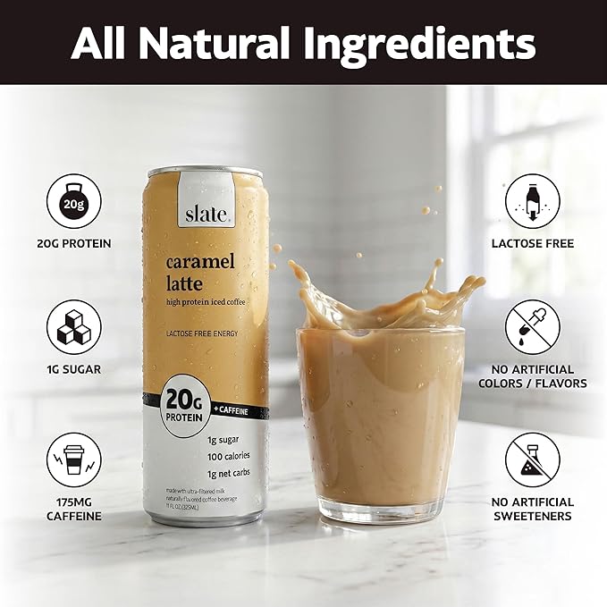 Slate Milk - High Protein Iced Coffee - Caramel Latte - 175mg Caffeine, Lactose Free Energy - 20g Protein, 1g Sugar, 100 Calories, 1g Net Carbs, No Sugar Added - Protein Coffee - 11 fl oz, 12 Cans