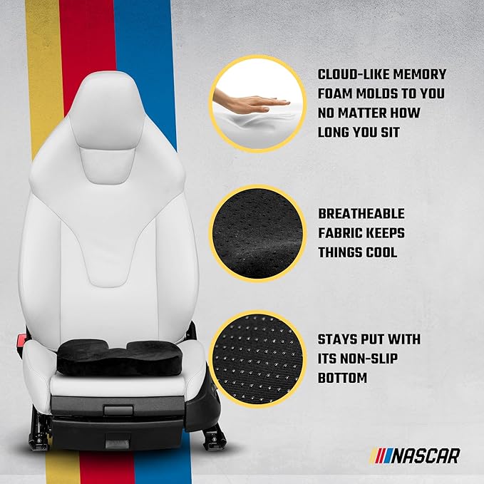 NASCAR Seat Cushion | Ergonomic U-Shape with Memory Foam for Tailbone, Sciatica, & Back Pain Relief | Breathable & Comfortable Velvet w/Non-Slip Rubber Bottom | for Car, Office, Home, Travel | Black