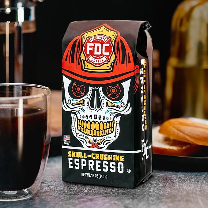 Fire Department Coffee Skull-Crushing Espresso Dark Roast Ground Coffee - 12 oz (2 Pack) - Gives Back to Firefighters - Roasted in the USA - Veteran Owned