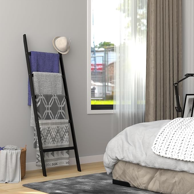 WTZ Bamboo Blanket Ladder, 5-Layer Towel Racks, Blanket Holder with Anti-Slip Construction Home Decor, Decorative Blanket, Quilt, Towel, Scarf Ladder Shelves for Livingroom, Bedroom, Bathroom, Black