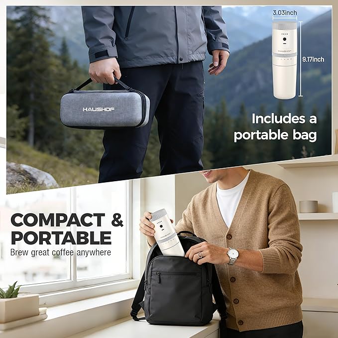 HAUSHOF Portable Coffee Maker, Camping Coffee Makers Travel Mini Coffee Maker, Portable Travel Coffee Maker with Grinder, Personal Cordless Travel Coffee Maker for Car, Camping, and Home