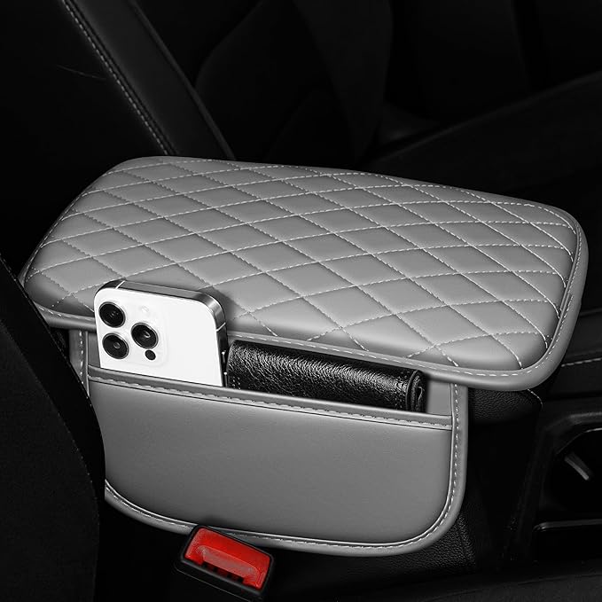 Center Console Cover for CTS: Armrest Cover for Car with 2 Storage Bags - Scratch & Wear Resistant & Waterproof Leather Console Cover,Anti-Scratch Auto Armrest Pad Accessory （Beige