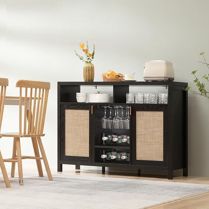 SICOTAS Rattan Coffee Bar Cabinet, 102" Sideboard Buffet Cabinet with Storage, Modern Liquor Wine Cabinet Set of 2 Credenza Console Buffet Table for Home Living Dining Room Entryway, Black