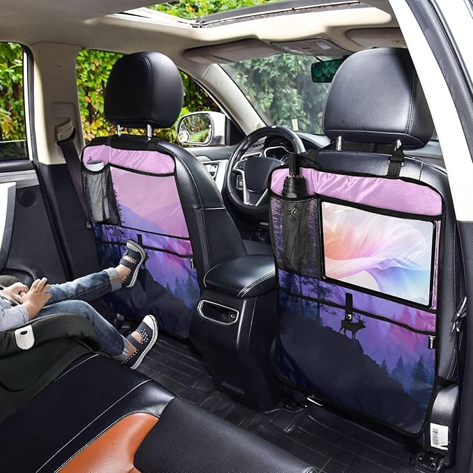 2 Pack Back Seat Car Organizer with Storage Pockets Kick Mats Back Seat Protector Hanging Car Organizer Automotive Seat Back Cover Organizers Purple Stag Mountains and Forest
