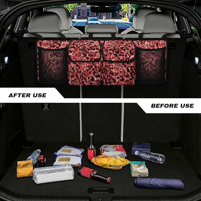 Red Leopard Car Storage Bag Hanging Backseat Organizer Waterproof Large Capacity Trunk Organizer for SUV with 4 Pockets & Buckle Suitable for Women Shopping or Beach Vacation