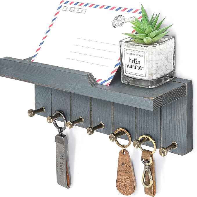 Rebee Vision Pine Wood Key Holder Wall Mount – Rustic Key Holder for Wall with Charming Wall Shelf for Mail, Perfume & Little Plants – Elegant Home Essentials Decor (Royal Blue)