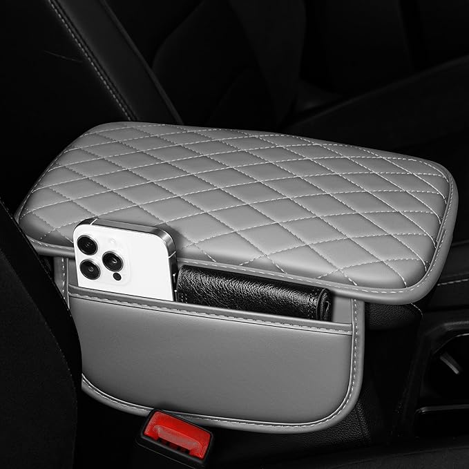 Center Console Cover Fit for Kia Sportage 2005-2025 with 2 Storage Bags Waterproof Leather Quilted Pattern Car Armrest Cover Cushion Anti - Slip(Grey&White Line)