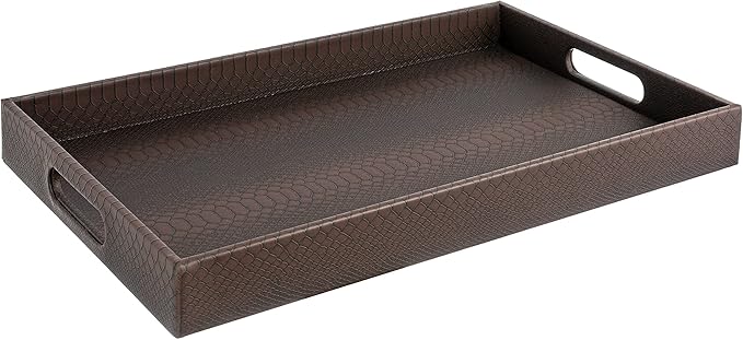 Modern 17.5"x12" Rectangle Brown Snake Faux Leather Decorative Tray Serving Tray with Handles Ottoman Coffee Table Dresser Living Room Kitchen Tray by Home Redefined for All Occasion's.