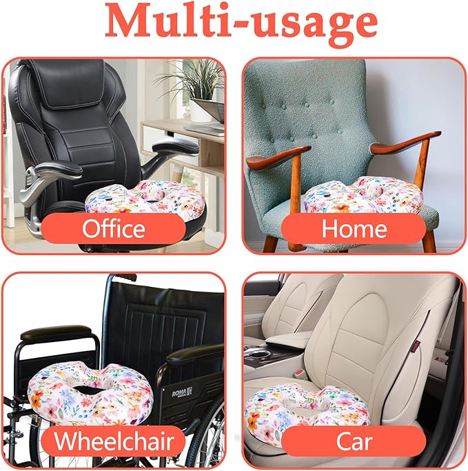 Floral Donut Pillow for Hemorrhoids Seat Cushion for Tailbone Pain Relief - Flower Home Office Chair Cushion for Long Sitting Work - Memory Foam Car Seat Cushions for Driving Butt Pain Pressure Relief