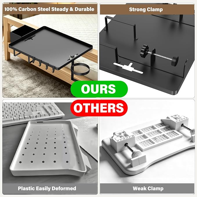 Bedside Shelf, Metal Bed Shelf For Dorm Room Bunk Bed & Top Bunk, College Dorm Room Essentials, Clip On Floating Tray Space Saving Nightstand For Loft Beds With Removable Cup & Holder (Black)